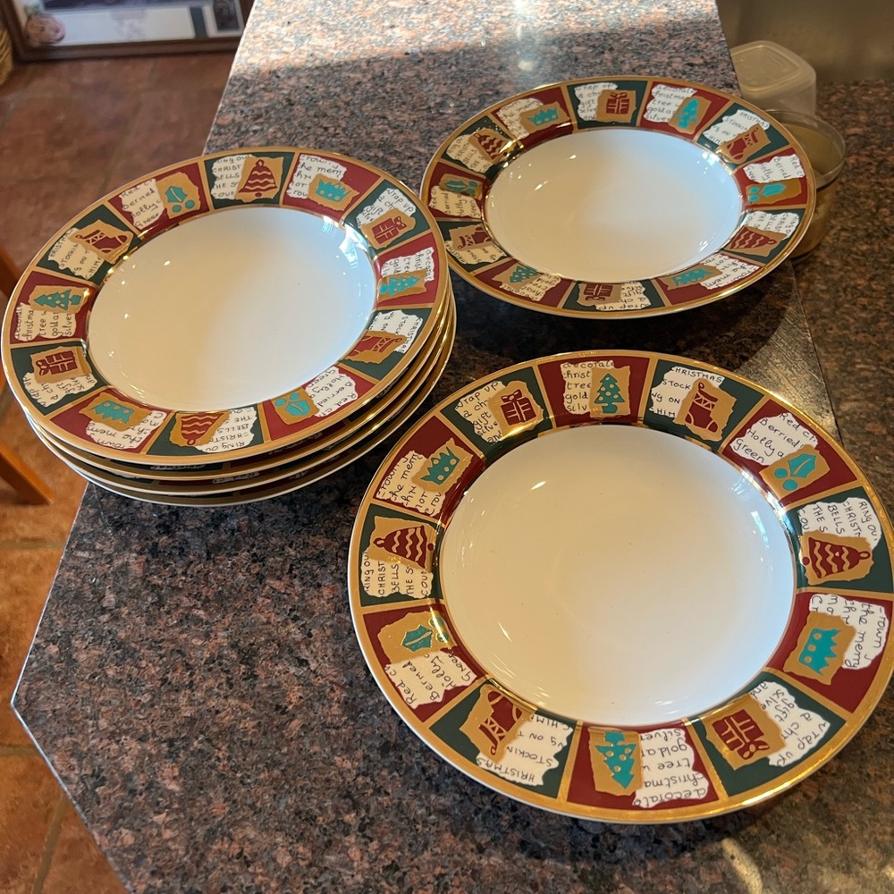 6 Pier 1 Yuletide Greetings bowls with gold tone rim